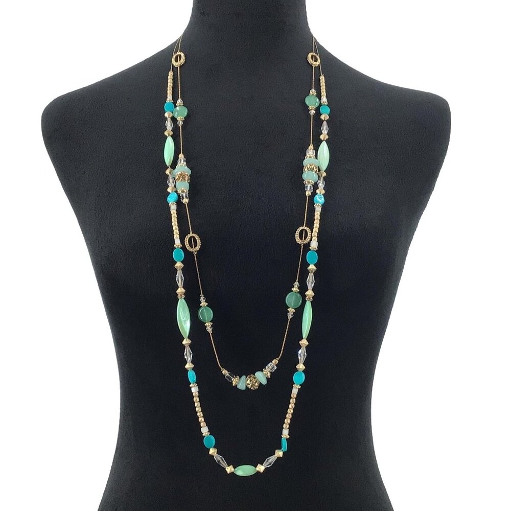 C1946 Necklace Double Strand Layered Beaded Gold Tone Blue Casual Work Wear Boho